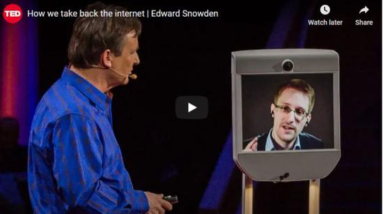  ·2014年3月，斯诺登以线上方式发表TED演讲。
