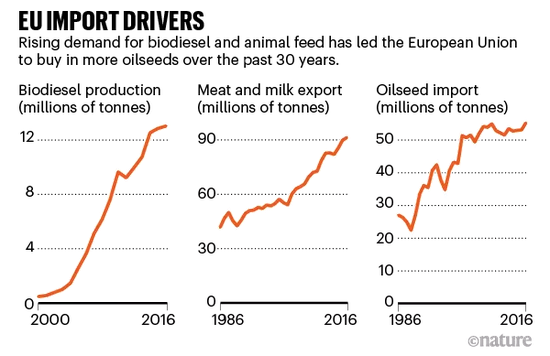 左、中、右的曲线分别表示生物柴油生产量、肉类和奶制品出口量、油料种子进口量在过去几十年间的变化，单位均为百万吨。图片来源：FAOSTAT/Eurostat/F.O。 Licht/IFA。 Analysis by R。 Fuchs et al。