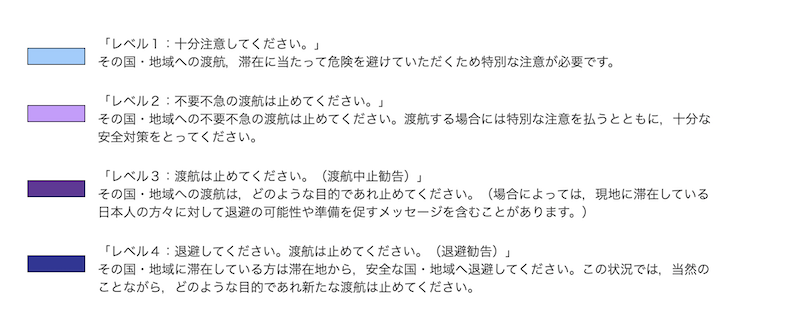 “传染病危险提醒级别”共分为四个等级，“第三等级”即“渡航中止建议”。日本外务省官网 截图