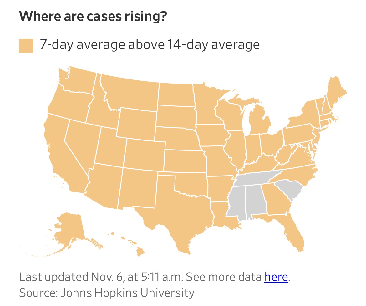 △美国哪些地区病例数出现增长？（图片来源：《华尔街日报》）