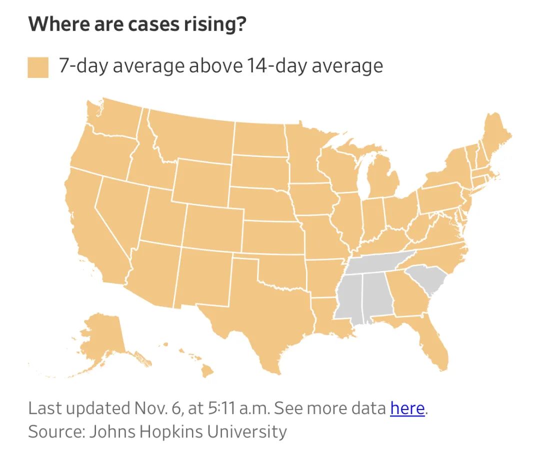 美国哪些地区病例数出现增长？（图片来源：《华尔街日报》）