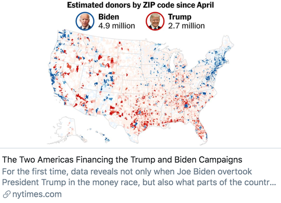  特朗普和拜登两个人的竞选活动资金。/ 《纽约时报》报道截图